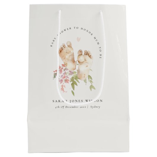 かわいいベビー足赤面ピンクフローラガールベビーシャワー ミディアムペーパーバッグ (裏面)
