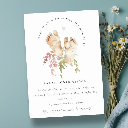 かわいいベビー足赤面ピンクフローラガールベビーシャワー 招待状