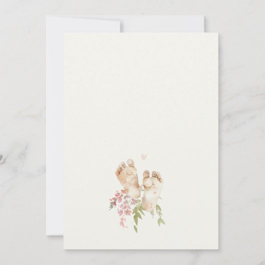 かわいいベビー足赤面ピンクフローラガールベビーシャワー 招待状 (裏面)