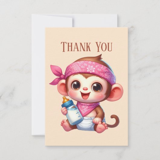 かわいいベビー追加メッセージガールモンキー サンキューカード (正面)