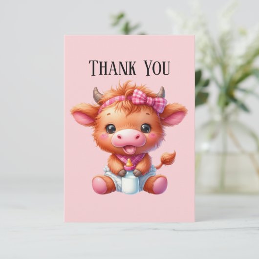 かわいいベビー追加メッセージ女の子ハイランド牛 サンキューカード (スタンド正面)