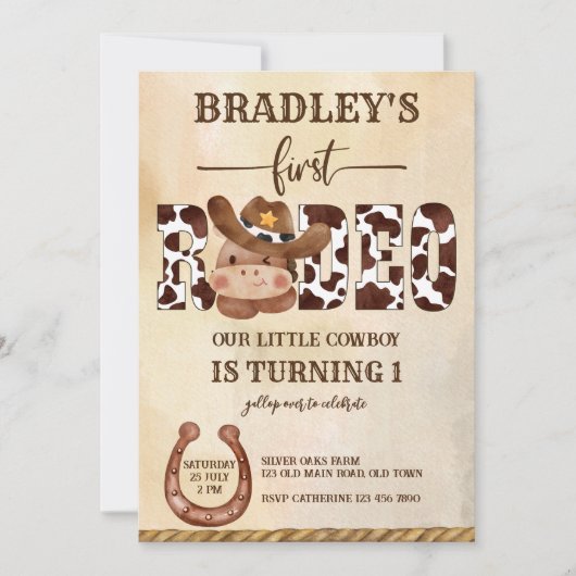 かわいいベビー馬の最初のロデオ小さなカウボーイの誕生日 招待状 (正面)