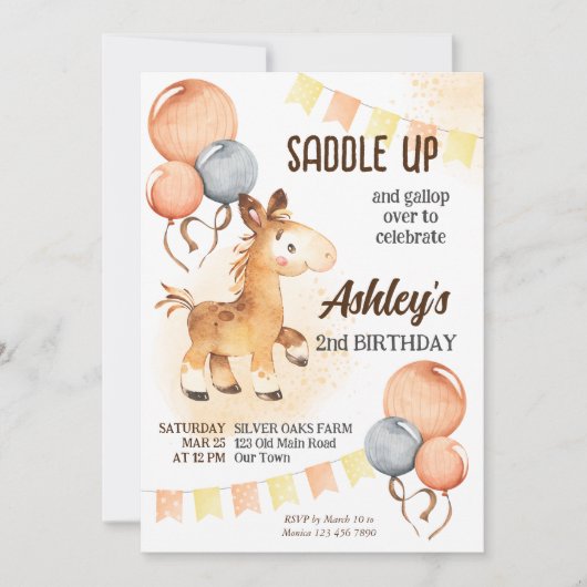 かわいいベビー馬よちよち歩き誕生日パーティー招待状 招待状 (正面)