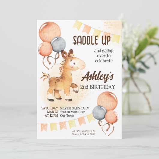 かわいいベビー馬よちよち歩き誕生日パーティー招待状 招待状 (スタンド正面)