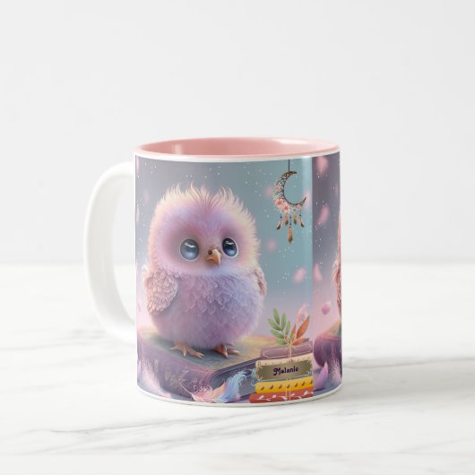 かわいいベビー鳥ふくろうが本にパーソナライズされた登場 ツートーンマグカップ (正面左)