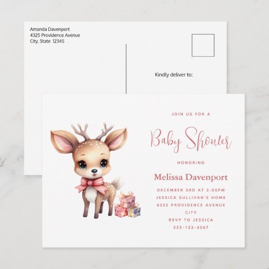 かわいいベビー鹿とギフト赤ちゃんシャワー インビテーションポストカード (正面/裏面)
