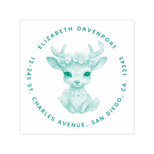 かわいいベビー鹿と〔雄ジカの〕枝角と花住所 セルフインキングスタンプ (デザイン)