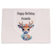 かわいいベビー鹿と〔雄ジカの〕枝角と花誕生日 ラージペーパーバッグ (正面)