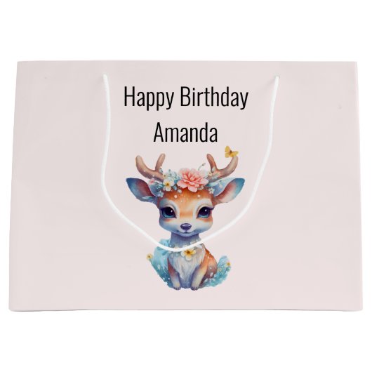 かわいいベビー鹿と〔雄ジカの〕枝角と花誕生日 ラージペーパーバッグ (正面)
