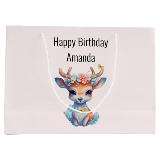 かわいいベビー鹿と〔雄ジカの〕枝角と花誕生日 ラージペーパーバッグ (裏面)