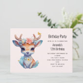 かわいいベビー鹿と〔雄ジカの〕枝角と花誕生日 招待状 (スタンド正面)