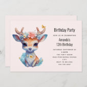 かわいいベビー鹿と〔雄ジカの〕枝角と花誕生日 招待状 (正面/裏面)