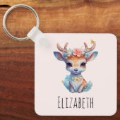 かわいいベビー鹿と〔雄ジカの〕枝角と花 キーホルダー (正面)