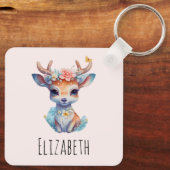かわいいベビー鹿と〔雄ジカの〕枝角と花 キーホルダー (裏面)