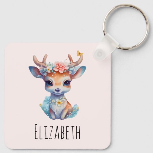 かわいいベビー鹿と〔雄ジカの〕枝角と花 キーホルダー (裏面)