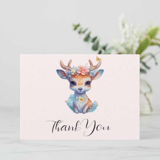 かわいいベビー鹿と〔雄ジカの〕枝角と花 サンキューカード (スタンド正面)