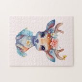 かわいいベビー鹿と〔雄ジカの〕枝角と花 ジグソーパズル (横)