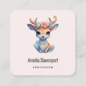 かわいいベビー鹿と〔雄ジカの〕枝角と花 スクエア名刺 (正面)