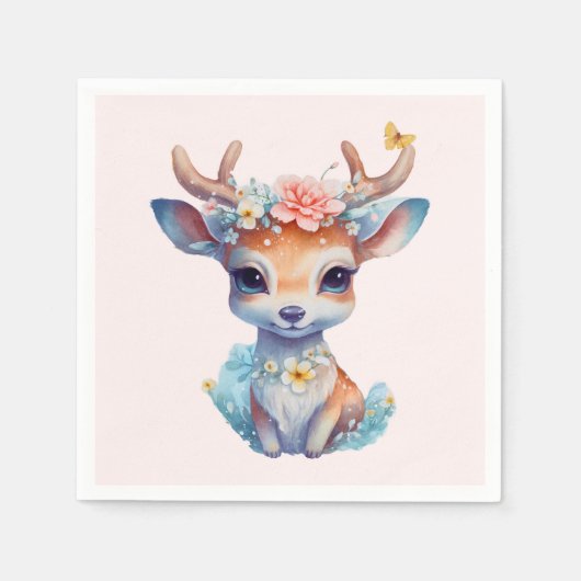 かわいいベビー鹿と〔雄ジカの〕枝角と花 スタンダードカクテルナプキン (正面)
