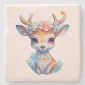 かわいいベビー鹿と〔雄ジカの〕枝角と花 ストーンコースター (正面)