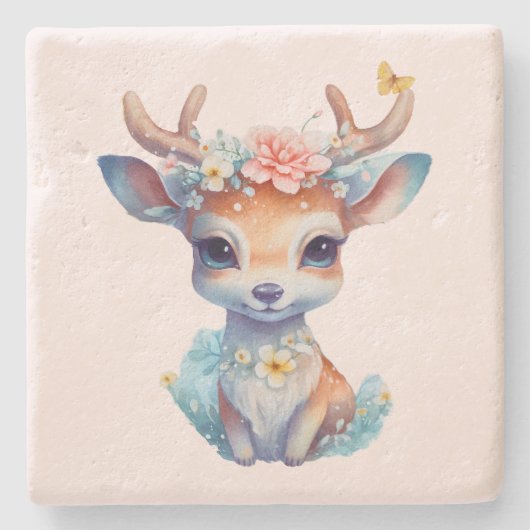 かわいいベビー鹿と〔雄ジカの〕枝角と花 ストーンコースター (正面)