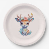 かわいいベビー鹿と〔雄ジカの〕枝角と花 ペーパープレート (正面)