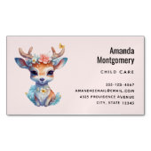 かわいいベビー鹿と〔雄ジカの〕枝角と花 マグネット名刺 (正面)