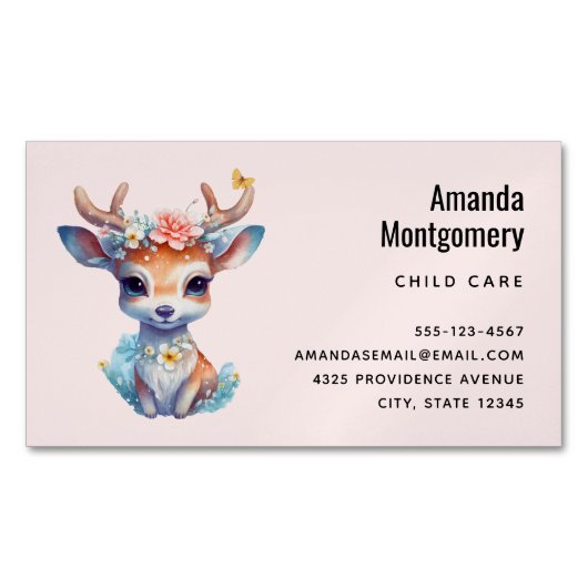 かわいいベビー鹿と〔雄ジカの〕枝角と花 マグネット名刺 (正面)