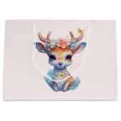 かわいいベビー鹿と〔雄ジカの〕枝角と花 ラージペーパーバッグ (正面)