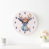 かわいいベビー鹿と〔雄ジカの〕枝角と花 ラージ壁時計 (ホーム)