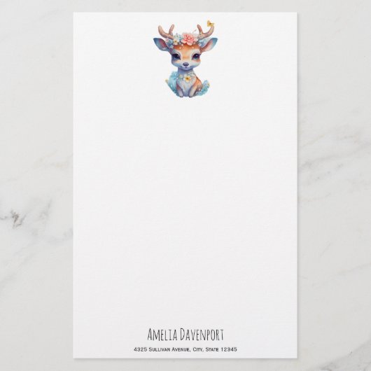 かわいいベビー鹿と〔雄ジカの〕枝角と花 便箋 (正面)