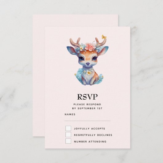 かわいいベビー鹿と〔雄ジカの〕枝角と花 出欠カード (正面/裏面)