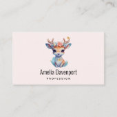 かわいいベビー鹿と〔雄ジカの〕枝角と花 名刺 (正面)