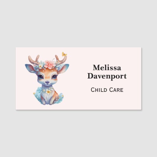 かわいいベビー鹿と〔雄ジカの〕枝角と花 名札 (正面)
