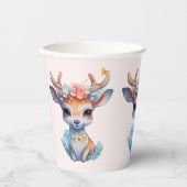 かわいいベビー鹿と〔雄ジカの〕枝角と花 紙コップ (正面)