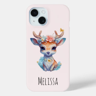 かわいいベビー鹿と〔雄ジカの〕枝角と花 iPhone 15ケース