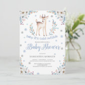 かわいいベビー鹿の冬の青いフローラ男の子のシャワー 招待状 (スタンド正面)