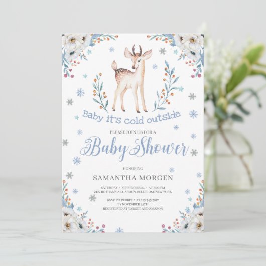 かわいいベビー鹿の冬の青いフローラ男の子のシャワー 招待状 (スタンド正面)