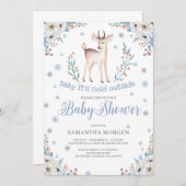 かわいいベビー鹿の冬の青いフローラ男の子のシャワー 招待状 (正面/裏面)