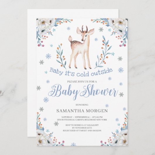 かわいいベビー鹿の冬の青いフローラ男の子のシャワー 招待状 (正面/裏面)