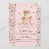 かわいいベビー鹿の花バラ星ベビーシャワー 招待状 (正面/裏面)