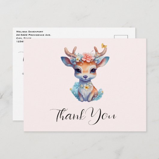 かわいいベビー鹿〔雄ジカの〕枝角と花ありがとう ポストカード (正面/裏面)