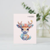 かわいいベビー鹿〔雄ジカの〕枝角と花こんにちは ポストカード (スタンド正面)