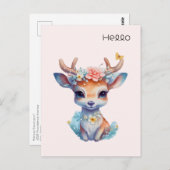 かわいいベビー鹿〔雄ジカの〕枝角と花こんにちは ポストカード (正面/裏面)