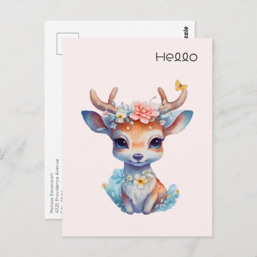 かわいいベビー鹿〔雄ジカの〕枝角と花こんにちは ポストカード (正面/裏面)