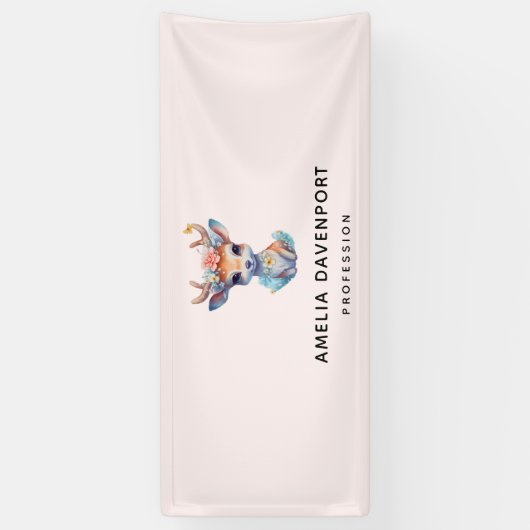 かわいいベビー鹿〔雄ジカの〕枝角と花業 横断幕 (縦)