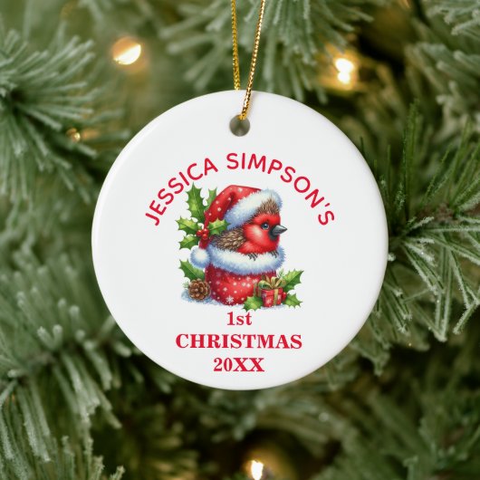 かわいいベビー（鳥）ショウジョウコウカンチョウ初めてのクリスマス パーソナライズされた セラミックオーナメント (ツリー)