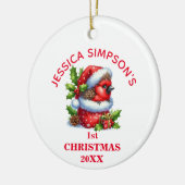 かわいいベビー（鳥）ショウジョウコウカンチョウ初めてのクリスマス パーソナライズされた セラミックオーナメント (左)