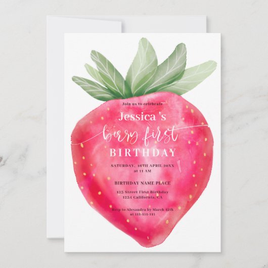 かわいいベリーの最初の誕生日の水の色イチゴ 招待状 (正面)