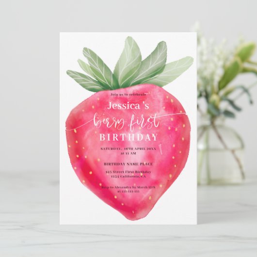 かわいいベリーの最初の誕生日の水の色イチゴ 招待状 (スタンド正面)